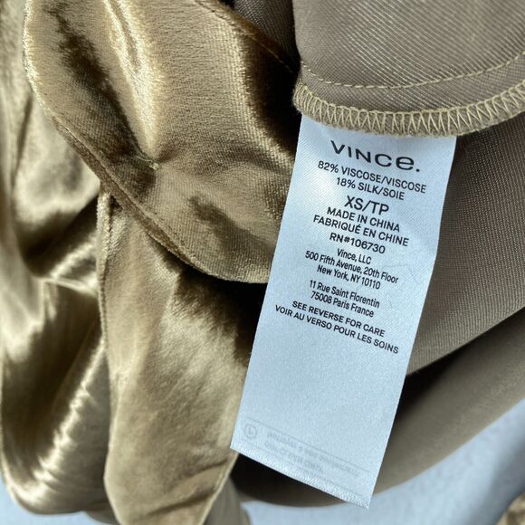 VINCE Top Womens XS Shiny Silk Velvet Shirt Button Front Long Sleeve Gold - Picture 10 of 13